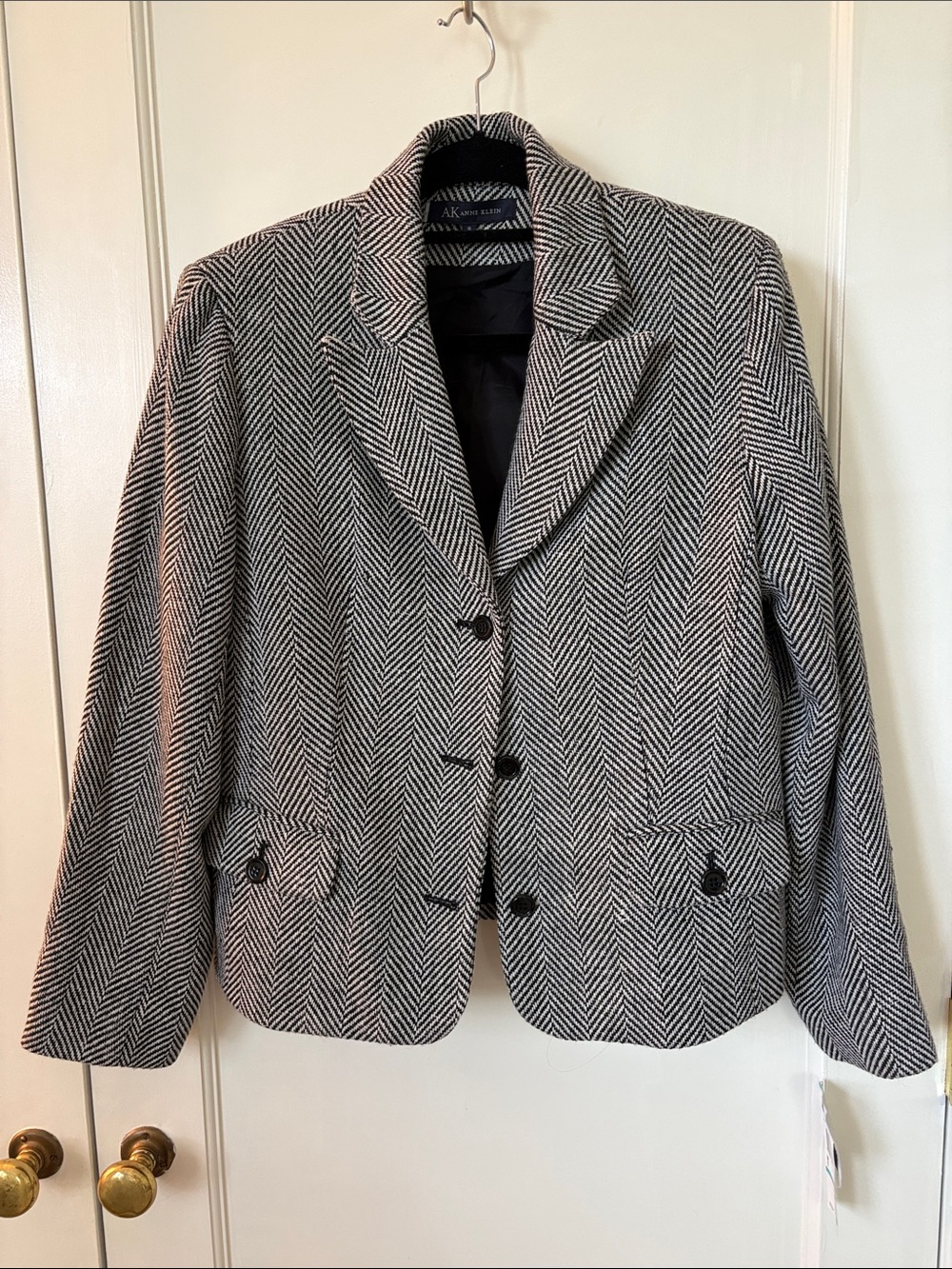 Anne Klein Black and White Herringbone Notch-Lapel Blazer